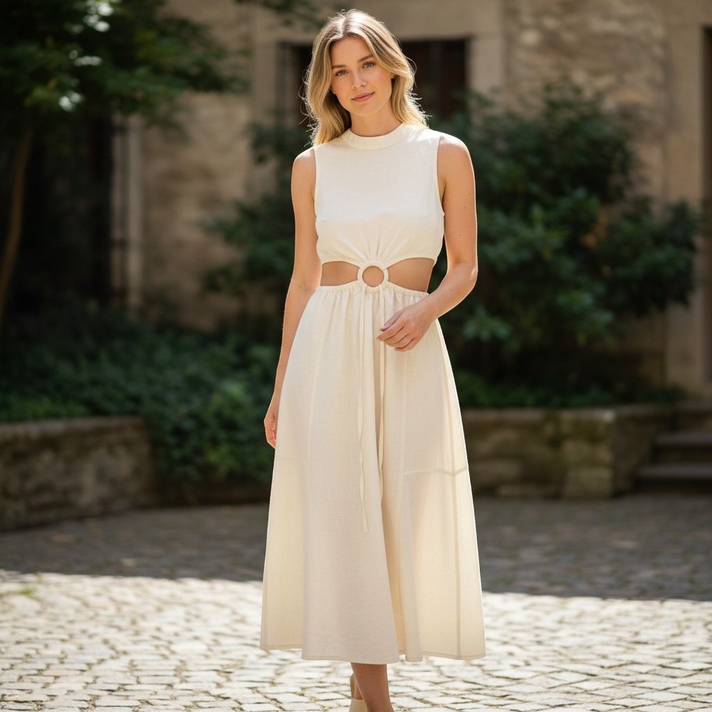 Revolve Showpo Cream Linen Cutout O-Ring Midi Dress High Neck Size 6 US Beachy